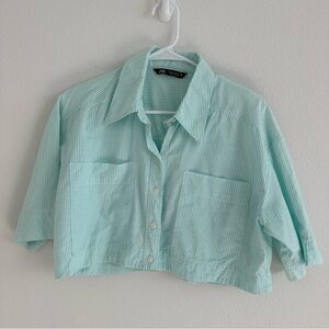 Zara Light Green Striped Button-Up‎ Crop Shirt Size: XS